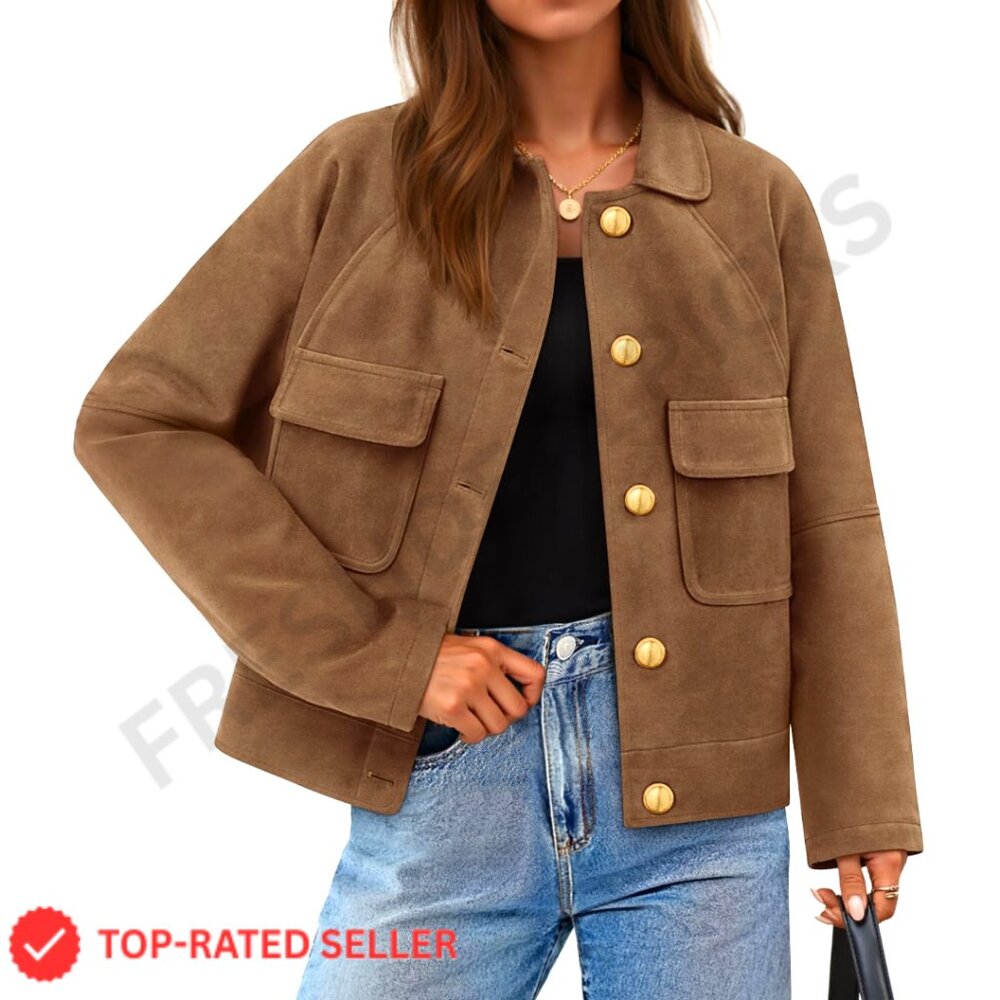 Faux Suede Cropped Jacket Casual Button Down Vintage Chic Y2K Trendy Shacket